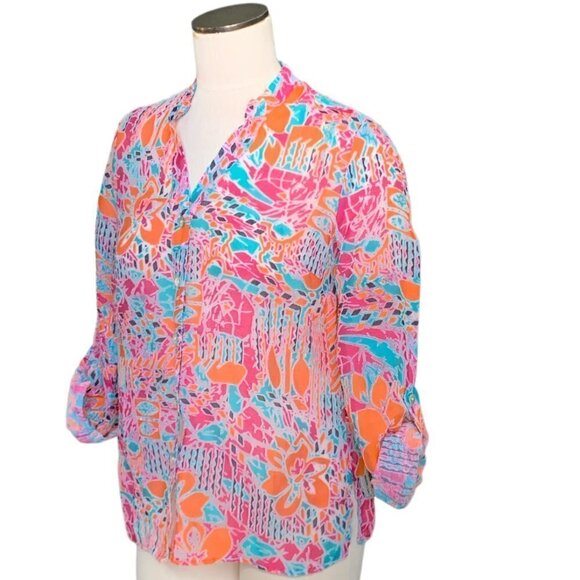 Choices Colorful Mesh-Linen Blend Button Front Roll Tab Top Sz S 102A - Picture 3 of 10